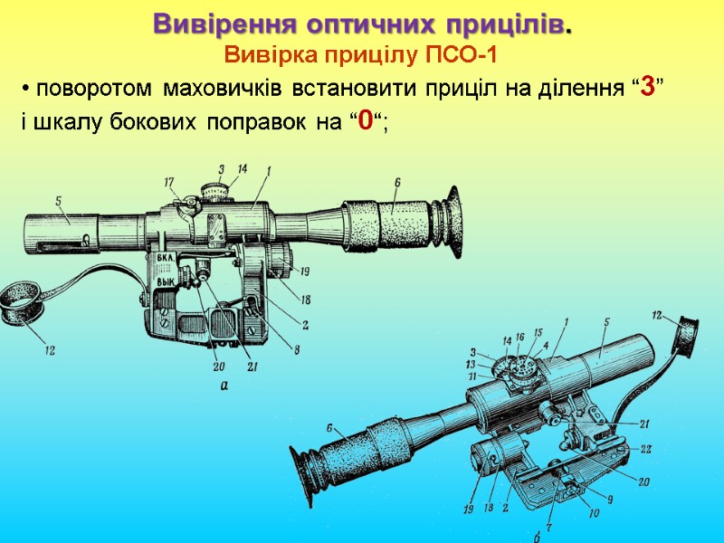 Вивірення оптичних прицілів. Вивірка прицілу ПСО-1 • поворотом маховичків встановити приціл на ділення “3”